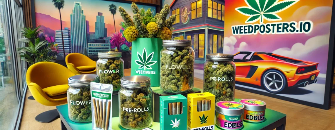 Cannabis products including Flower, Pre-Rolls, and Edibles. The products are arranged on a stylish, modern table with the WeedPosters.io. Weed Delivery