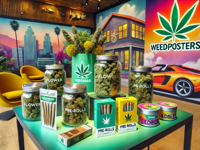 Cannabis products including Flower, Pre-Rolls, and Edibles. The products are arranged on a stylish, modern table with the WeedPosters.io. Weed Delivery