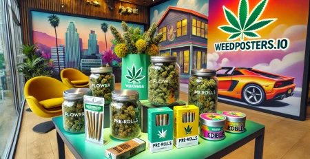 Cannabis products including Flower, Pre-Rolls, and Edibles. The products are arranged on a stylish, modern table with the WeedPosters.io. Weed Delivery