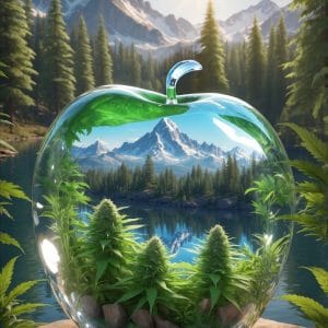 Glass apple terrarium poster with mountain landscape, cannabis plants, and forest scenery