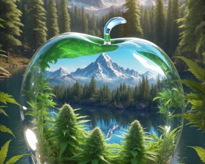 Glass apple terrarium poster with mountain landscape, cannabis plants, and forest scenery