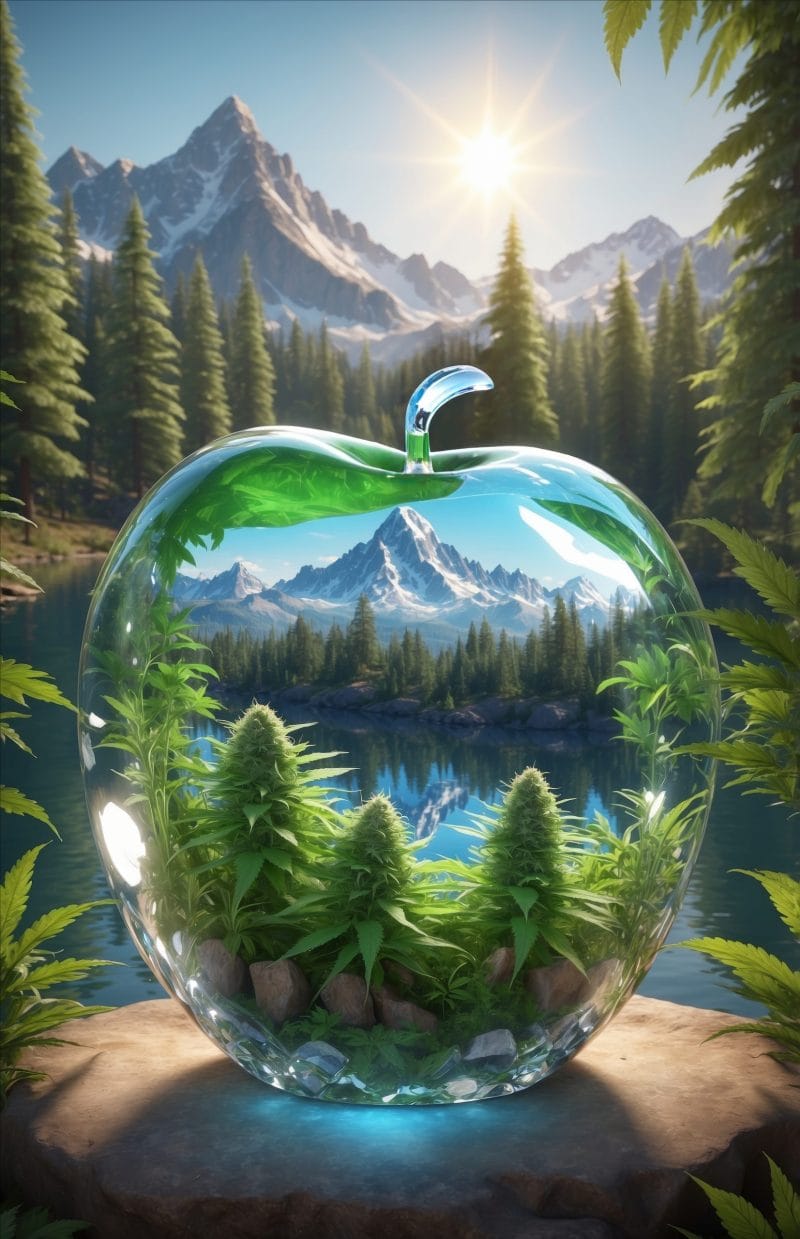 Glass apple terrarium poster with mountain landscape, cannabis plants, and forest scenery
