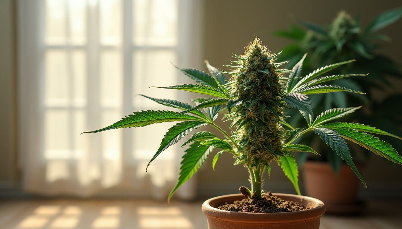 A healthy Rockstar Bubba cannabis plant in a textured ceramic pot.